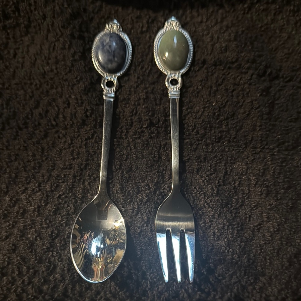 Elegant Silver Spoon and Fork Set with lapis stone.